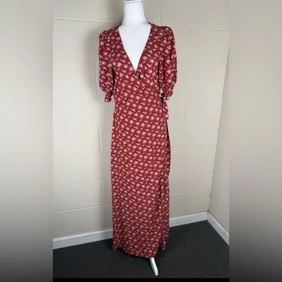 Natural Life Boho Red Ditsy Flower Sophia Wrap Maxi Dress Hippie Medium Prairie - Picture 2 of 13